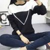 Moda zimowa Czarno-biały Czar Koszuj Patchwork Bluzy Kobiety V Wzór Pullover Bluza Samica Dres M-XXL 210805