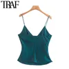 TRAF Women Sexy Fashion Side Buttons Gathering Blouses Vintage Crossover V Neck Thin Straps Female Shirts Chic Tops 210415