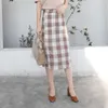 Misschien u Grijze Khaki Plaid Split Knielengte Rechte Rok Empire High Street Summer S0080 210529