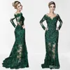 Los más nuevos vestidos de madre de la novia de color verde oscuro, apliques de encaje con cuello de joya transparente, vestido de fiesta de noche formal de sirena de manga larga 2578