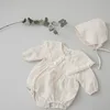 한국식 아기 소녀 귀여운 데이지 자수 큰 턴 다운 칼라 Bodysuits 캡 유아용 생일 커버 올 - 210508