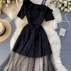 Women Fashion Ins Short Sleeve Wood Ear Mesh Stitching Split Elegant Black Dress Sexy Clothing Vintage Vestidos R792 210527