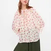 Women OrganPolka Dot Blouse Ties Up Collar See Through Long Sleeve Sweet Female Transparent Shirt Tops Blusas 210430