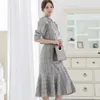 Korean Women Fashion Elegant Double Breasted Gray Plaid OL Style Midi Dress High Quality Ruffles Fishtail With Belt 210519