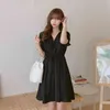 Korean Solid Chic Dress Women Mori Grils Elegant V Neck Vestidos High Waist Spring Summer Dresses 16033 210415