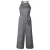 Women Summer O-neck Bowknot Pants Playsuit Women Sashes Pockets Sleeveless Rompers Overalls Sexy Office Lady Striped Jumpsuits 210416