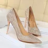 Dress Shoes 2021 Autumn Women Pumps High Thin Heel Pointed Toe Shallow Bling Bridal Wedding Gold Sexy Ladies Metal