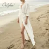 夏のビーチの女性白いカーディガン長袖セクシーなスプリットベルトマキシドレス210415
