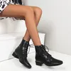 Med Heel Women Boots Square Toe Ankle Lace Up Chunky Shoes Female Short Autumn Winter Brown Big Size 210517