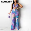 Donne Halter Backless Tie Dye Stampato Senza maniche Bell Bell BodyCon Tute Sexy Club Sulsuits 210702