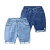 European American Style 3 4 6 8 10 12 Years Kids Sports Pocket Elastic Waist Handsome Summer Hole Denim Shorts For Baby Boys 210701