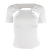 Seksi Backless Hollow Out Beyaz T-shirt Rahat Yaz Slim Fit Kısa T Gömlek O Boyun Streetwear Top 210415