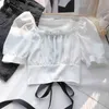 Neploe Summer Blouses Women Backless Cross Lace Up Crop Tops Square Collar Puff Sleeve Ruffles Chic Shirt Koreansk Sweet Blouse 210422