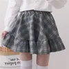 Bahar Tatlı Ekose Ruffles Mini Gri Pembe Japon Gevşek Moda A-line Kız Kadın Lolita JK Üniversite Tarzı Etek 210408