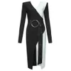 女性のセクシーなデザイナーハイストリート長袖黒包帯ドレス冬のMidiセレブリティボディコンパーティーvestido 106cm 210527