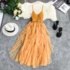 女性チュールドレス夏のメッシュドレスハイウエスト裾の非対称プリーツフェアリードレス女性スリムメッシュドレス210521