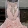 Grande taille Blush rose robe de mariée sirène pour les femmes africaines du Nigeria élégant chérie strass cristal robes de mariée bouton volants Corset vestido de novia