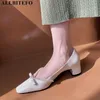 AllBiteBo Moda Doce Full Couro Genuíno Marca De Alto Salto De Casamento Mulheres Sapatos Grésos Saltos Bolinhos De Escritório Senhoras Sapatos 210611
