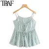 TRAF Donna Sweet Fashion Stampato Camicette ritagliate Vintage Backless Lace-up Cinghie sottili Camicie femminili Blusas Chic Top 210415