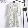 Autumn Women for Female Long Sleeve Chiffon A-line Midi Winter Dress White Bow Floral Vestidos Vintage 9115 50 210417