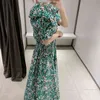 Floral Print Long Dress Women Fashion Puff Short Sleeve Midi Party Square Collar Hollow Out Bow es Robe 210508