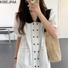 Korejpaa Femmes Robe D'été Fille Français Niche Poupée Col Contraste Ligne Lâche Droite À Double Boutonnage Manches Bouffantes Vestidos 210526