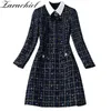 Mode Designer Navy Blue Plaid strikje Tweed herfst winter vrouwen lange mouw diamanten knop vintage wollen korte jurk 210416