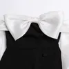 Styl Celebrity Bow Slim Bodycon Party Maxi Dress Black Slash Neck Split Guziki Luksusowe sukienki dla kobiet Vintage Chic 210421