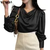 Women's Blouses & Shirts Women Elegant Blouse VONDA 2022 Casual Solid Color Pleated Long Sleeve Tops Ladies Puff Button Up Bohemian Blusas F