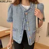 Women Vests Summer Korean Chic Temperament Round Neck Tassel Stitching Pearl Button Loose Puff Sleeve Tweed Coat 210514