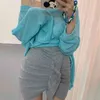 Mode Kvinnors Blus Oregelbundet Off-Shoulder Collar Lazy Hollow Loose Slit Tunn T-shirt Sticka tröja 210520