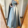 Prom Fancy Arabic Dresses with Wraps 3D Flower Ruched Long Sleeve Dubai Evening Gown 2021 Floor Length Satin Women Formal Robes De Soire Mariage