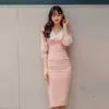 Rosa tight koreanska damer sexig lace v nacke nightclub office party klänning för kvinnor Kina kläder 210602