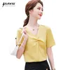 Chiffon Shirt Women Summer Short Sleeve Temperament V Neck Formal Yellow Thin Blouses Office Ladies Work Tops White 210604