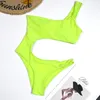 Sexy Black Swimwear Mulheres Swimsuit Ombro Feminino Monokini Vintage Neon Amarelo Banhando Terno Swim Wear Thong 210520