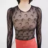 Vrouwen Sexy Mesh T-shirts Vrouwelijke See Through Mode Maan Tops Lange Mouwen Skinny Hoge Streetwear Visnet Transparant