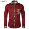 Camisa Vermelha Dos Homens Leopard Imprimir Homens Vestido Camisas Brand Manga Longa Botão para cima Camisa Mens Moda Casual Slim Fit Homens Roupas EUA Tamanho 210524