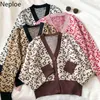 Neploe Cardigan Women Fashion Leopard Print Stickade Tröjor V-Neck Single Breasted Vintage Knitwear Sueter Coat Toppar 4G228 210422