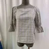 Square Collar Plaid Shirt Sommar Casual Kortärmad Linne Bomull Tjejer Blus Plus Storlek Kvinnor Blusar Top Femme 210417