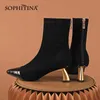 Sophitina女性の靴のファッションエレガントな高品質の足首のブーツ奇妙なスタイルのヒール尖ったつま先トゥーパーストレッチ生地ブーツSO667 210513