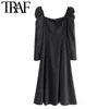 Femmes élégantes mode à pois devant fente robe mi-longue Vintage manches bouffantes noir élastique femmes robes Vestidos 210507