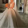 Designer Brautkleider Pailletten Kristall V-Ausschnitt Flügelärmeln Plissee Ballkleid Puffy Brautkleider Nach Maß Vestidos De Novias
