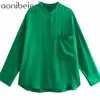 Green Loose Shirts Summer Drop Shoulder Long Sleeve Women Blouses Button-Up Chest Pocket Casual Shirt Female Tops 210604