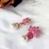 Fashion Rose Red Big Flower Full Stone Setting Irregular Pearl Drop Earge Party Bijoux Gift Wedding Bride Accessoires 2106249981380