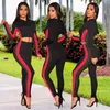 Jumpsuits das Mulheres Macacões Side Listed Color Patchwork Skinny Skinny Skinny 2 peças Sets Mulheres Manga Longa Lace Up Colheita Calças Superiores