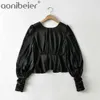 Elegant Black Satin Shirts Summer Puff Sleeve Low Collar Button Front Women Casual Blouses Female Ruffles Crop Tops 210604