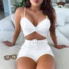 Sexy Off Ombro Dois Parte Set Verão Floral Cópia Crop Top e Belted Shorts Terno Mulheres Sem Mangas Speavetti Strap 2 Piece Set Y0702