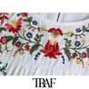 Traf Women Chic Fashion Fashion Floral Print Patchwork Hafted Midi Dress Vintage Ruffled Rleeves Sukienki Mujer 210415