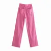 Za Женщины тяненые прямые джинсы промывают всю длину высокой талии широко ногальные джинсовые брюки карманные свободные моды брюки 2111129