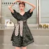 Jacquard Japanese Fashion Wrap Dress Puff Sleeve V Neck Black Short Spring Summer Women Ball Gown Lace Up 210427